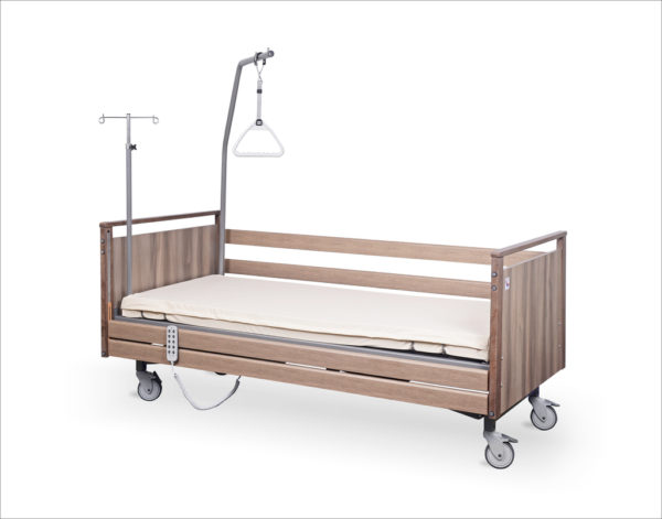 Łóżko rehabilitacyjne elektryczne A-6-3S/T w obudowie drewnianej z wyposażeniem przeznaczone do opieki długoterminowej nad pacjentem