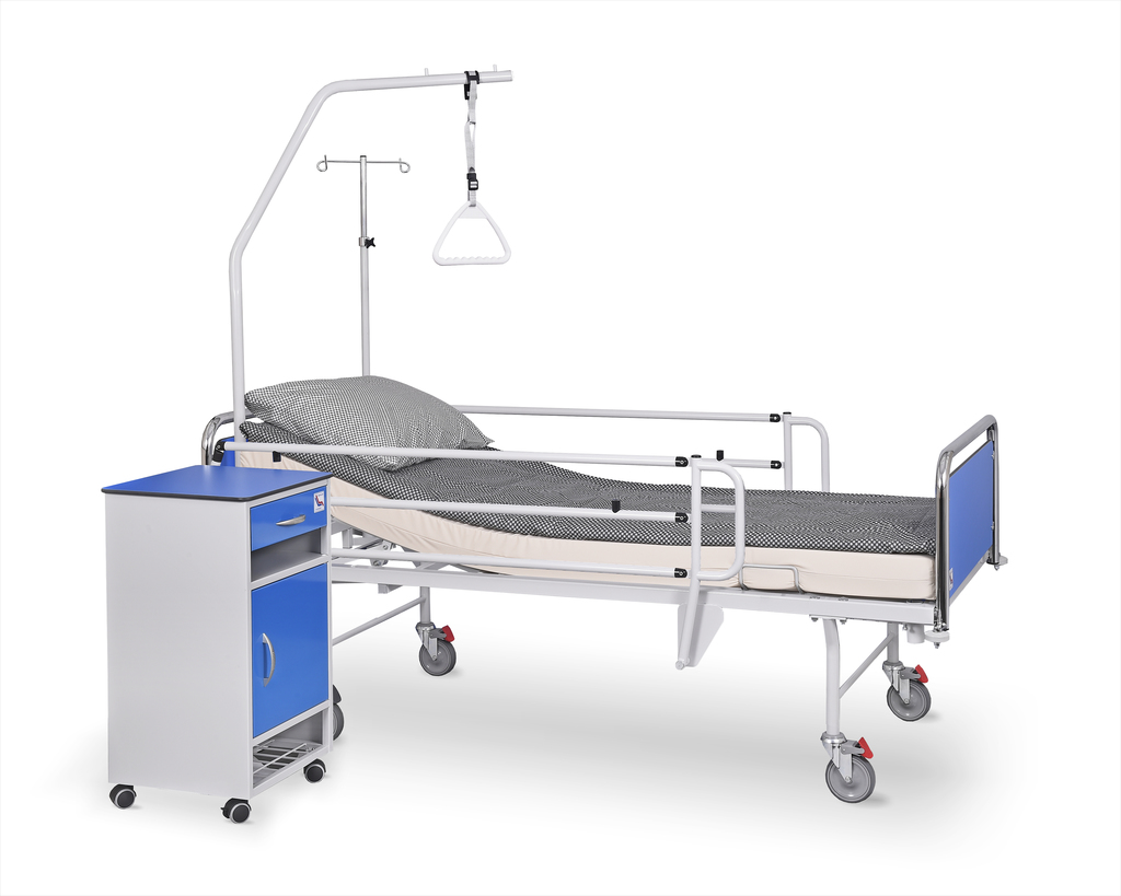 Łóżko rehabilitacyjne szpitalne A-4 z wyposażeniem i szafka szpitalna przyłóżkowa SM-01