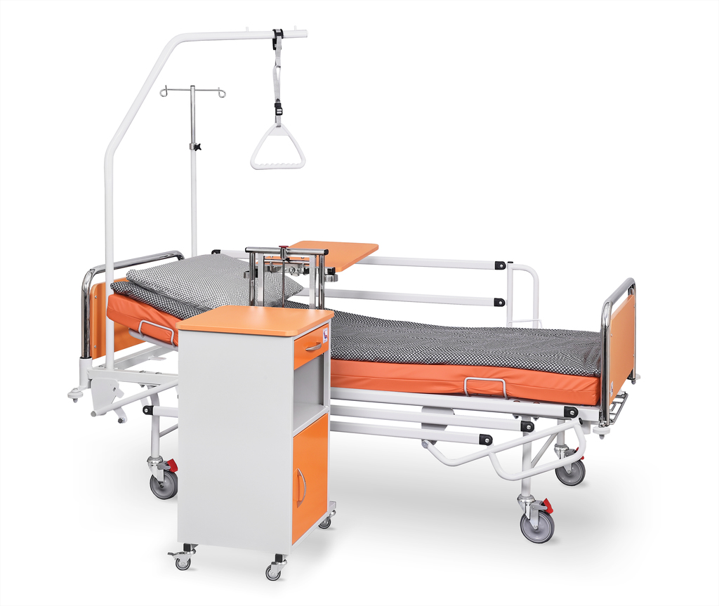 Łóżko rehabilitacyjne szpitalne A4/G z wyposażeniem i szafka szpitalna przyłóżkowa z blatem bocznym SM-02