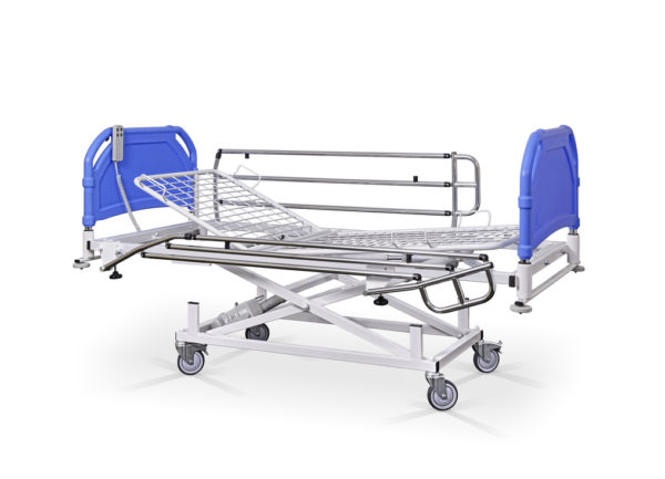 Łóżko rehabilitacyjne szpitalne elektryczne A z barierkami bocznymi - szczyty tworzywowe